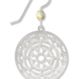Adajio silver earring with intricate mandala design on a white background. Available at Be Charmed. 