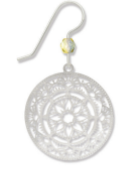 Adajio silver earring with intricate mandala design on a white background. Available at Be Charmed. 