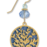 Adajio gold earring with blue coral design and blue bead on a white background. Available at Be Charmed. 
