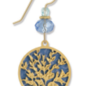 Adajio gold earring with blue coral design and blue bead on a white background. Available at Be Charmed. 