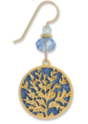 Adajio gold earring with blue coral design and blue bead on a white background. Available at Be Charmed. 