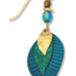 Adajio 3-Part Teal Blue Earrings. Teal leaf-shaped earring with gold accent on a white background. Available at Be Charmed. 