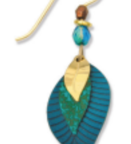 Adajio 3-Part Teal Blue Earrings. Teal leaf-shaped earring with gold accent on a white background. Available at Be Charmed. 