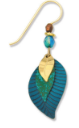 Adajio 3-Part Teal Blue Earrings. Teal leaf-shaped earring with gold accent on a white background. Available at Be Charmed. 