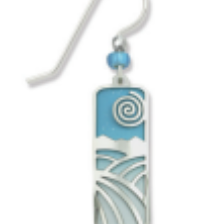 Earring with blue spiral design on a white background. Available at Be Charmed. 