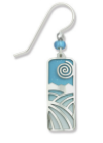 Earring with blue spiral design on a white background. Available at Be Charmed. 