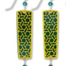 Adajio pair of yellow earrings with geometric pattern and blue accents on a white background. Available at Be Charmed.