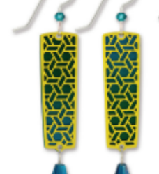 Adajio pair of yellow earrings with geometric pattern and blue accents on a white background. Available at Be Charmed.