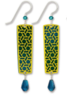 Adajio pair of yellow earrings with geometric pattern and blue accents on a white background. Available at Be Charmed.