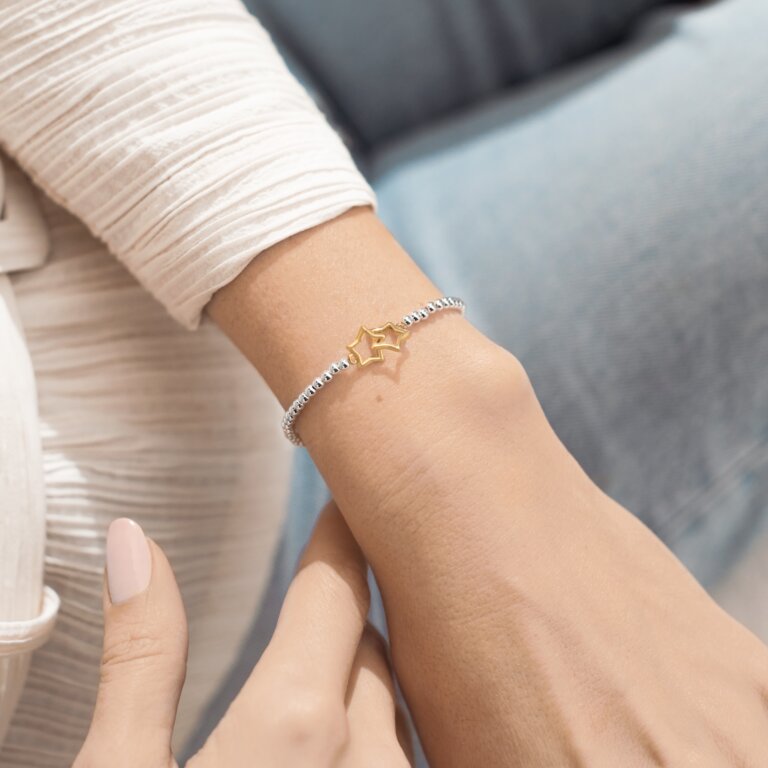 Woman Wearing A Littles & Co Gold and Silver Always My Sister, Forever My Friend Bracelet