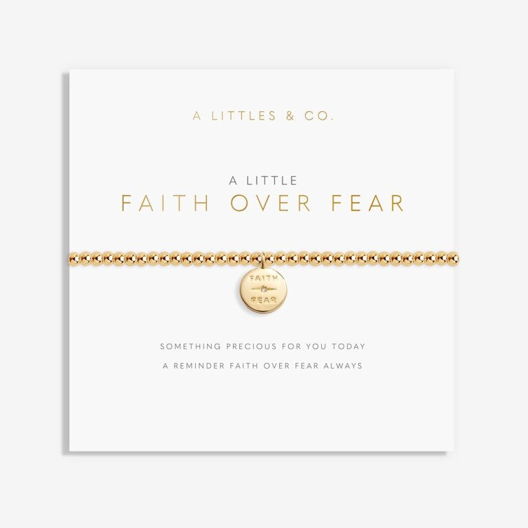 A Littles & Co Gold Faith Over Fear Bracelet on Card