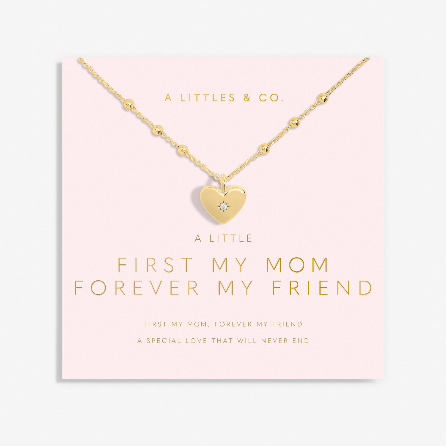 A Littles & Co Gold First My Mom Forever My Friend Necklace on Card