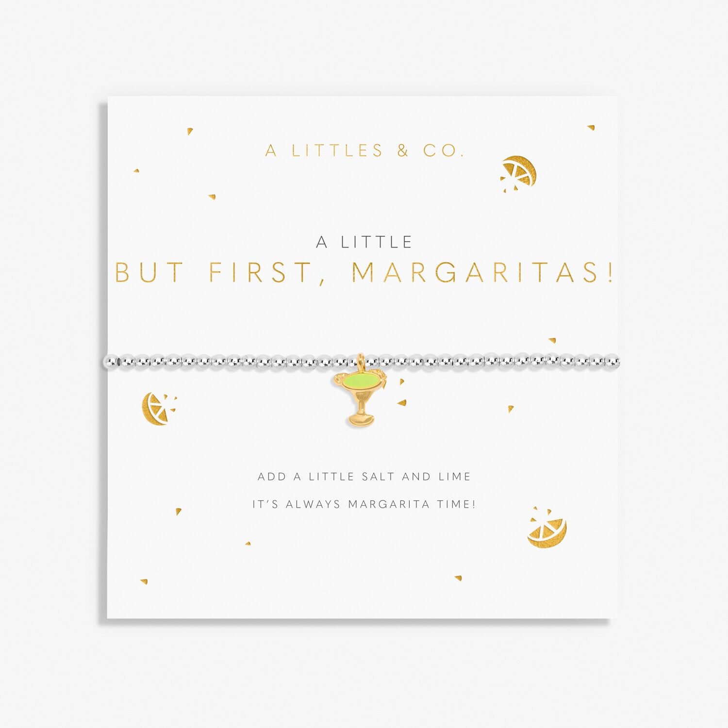 A Littles & Co Silver & Gold But First, Margaritas Bracelet on Card