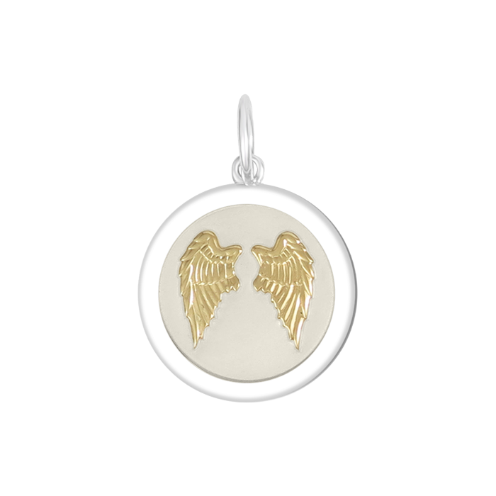 Gold/Ivory Lola angel wings fly pendant symbolizing love, protection, and remembrance by Be Charmed. Available at Be Charmed