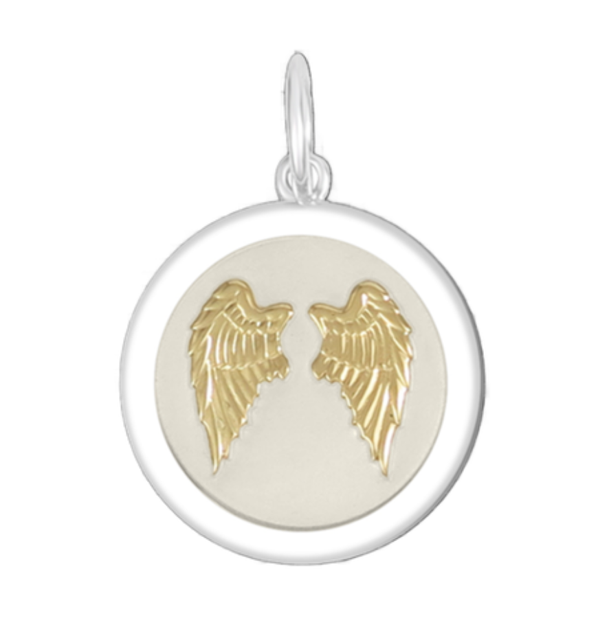 Alpine White Gold Vermeil Lola angel wings fly pendant symbolizing love, protection, and remembrance by Be Charmed. Available at Be Charmed