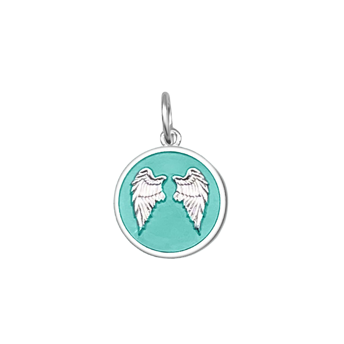 Seafoam Lola angel wings fly pendant symbolizing love, protection, and remembrance by Be Charmed. Available at Be Charmed