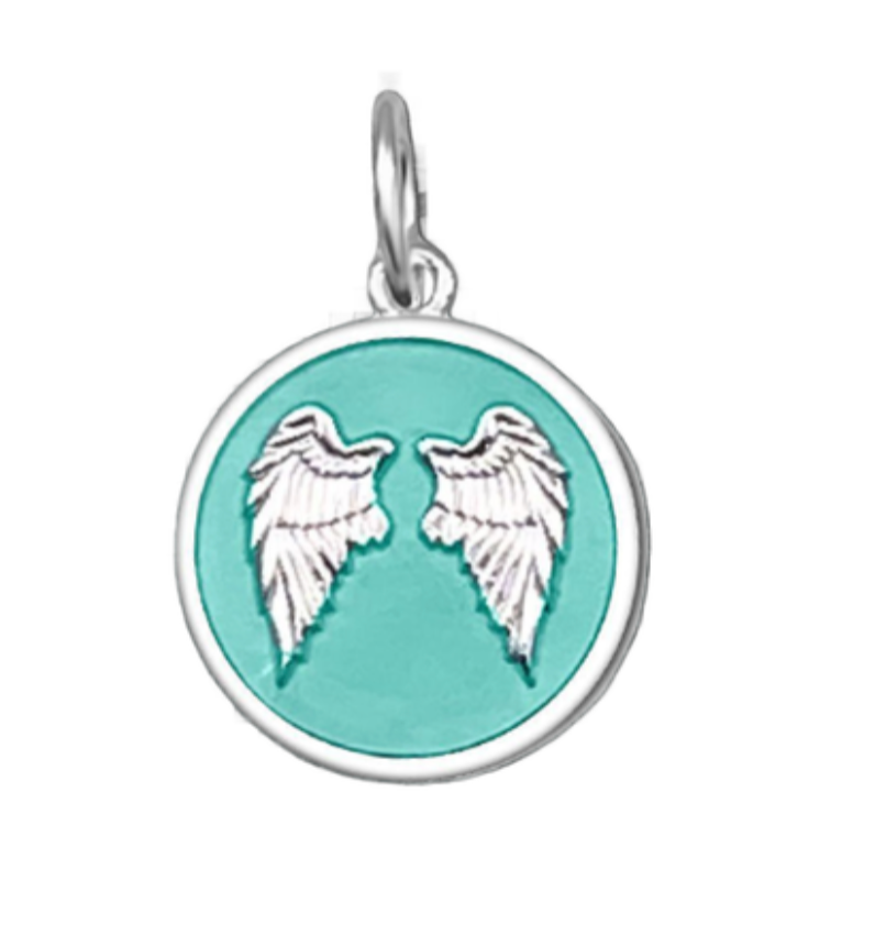Seafoam Lola angel wings fly pendant symbolizing love, protection, and remembrance by Be Charmed. Available at Be Charmed