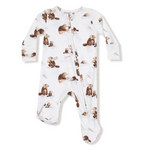 Angel Dear 2 Way Zipper Footie – Baby Beavers print with playful beaver design and two-way zipper. Available at Be Charmed.