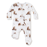 Angel Dear 2 Way Zipper Footie – Baby Beavers print with playful beaver design and two-way zipper. Available at Be Charmed.
