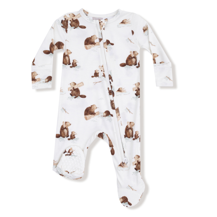 Angel Dear 2 Way Zipper Footie – Baby Beavers print with playful beaver design and two-way zipper. Available at Be Charmed.