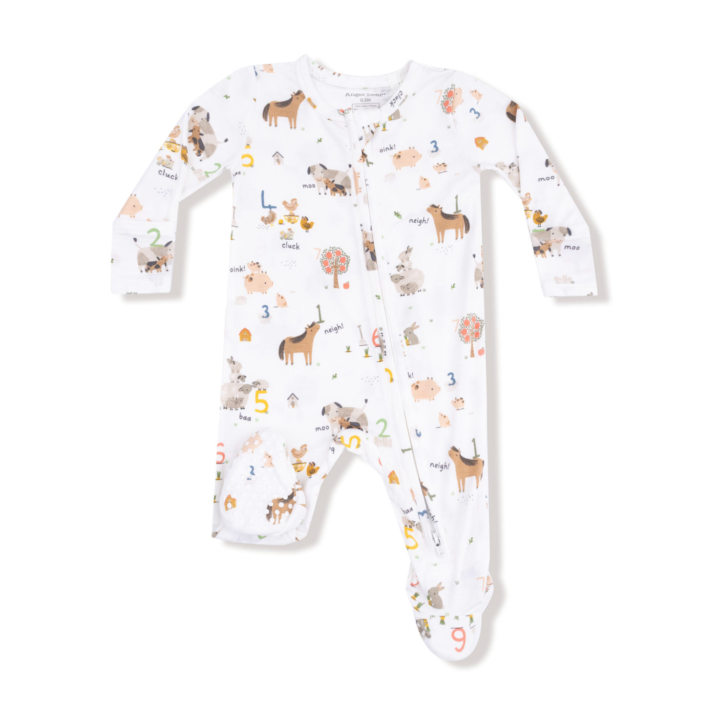 Angel Dear 2 Way Zipper Footie – Farm Sounds print with playful animal design and two-way zipper. Available at Be Charmed.