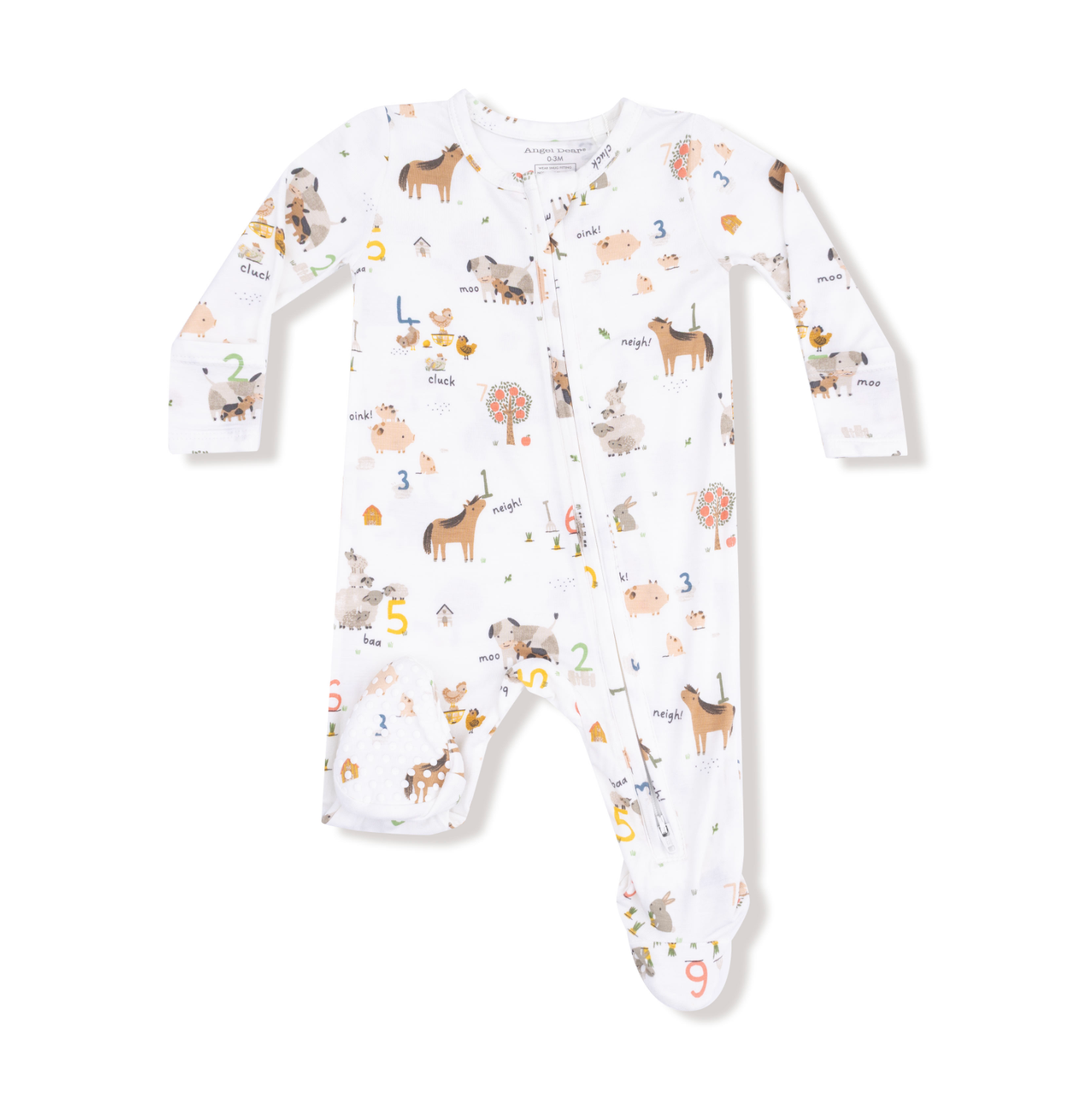 Angel Dear 2 Way Zipper Footie – Farm Sounds print with playful animal design and two-way zipper. Available at Be Charmed.