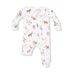 Angel Dear 2 Way Zipper Footie – Farm Sounds print with playful animal design and two-way zipper. Available at Be Charmed.