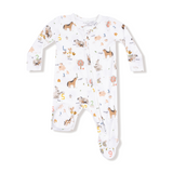 Angel Dear 2 Way Zipper Footie – Farm Sounds print with playful animal design and two-way zipper. Available at Be Charmed.