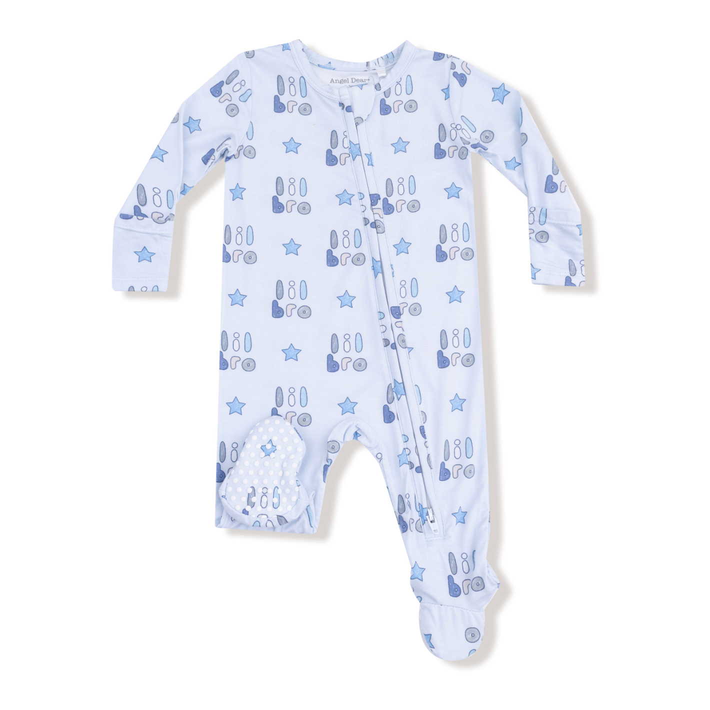 Angel Dear 2 Way Zipper Footie – Lil Bro design with cozy fabric and two-way zipper. Available at Be Charmed.