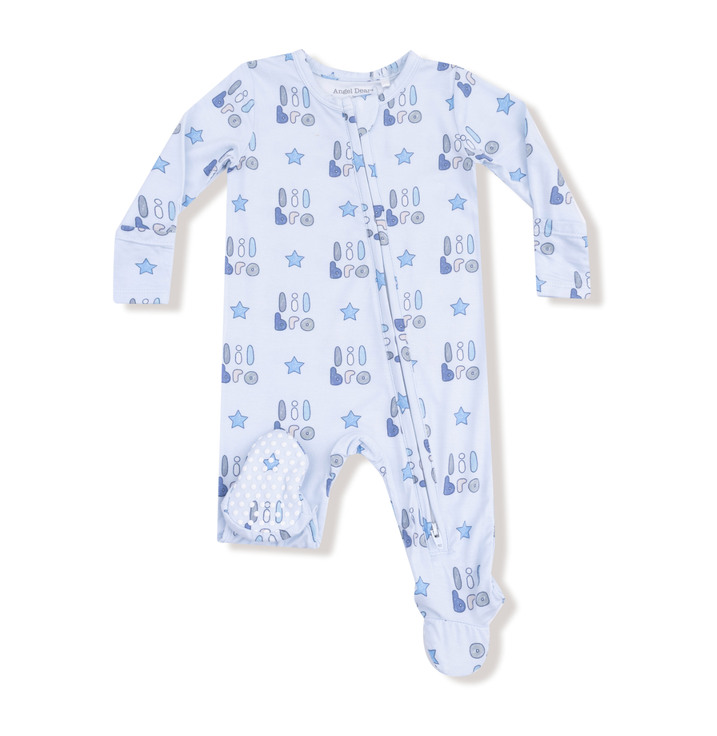 Angel Dear 2 Way Zipper Footie – Lil Bro design with cozy fabric and two-way zipper. Available at Be Charmed.