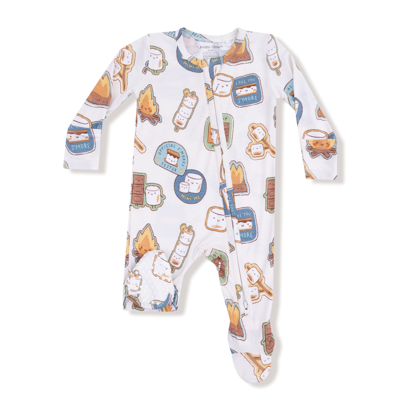 Angel Dear 2 Way Zipper Footie – S’mores design with fun campfire treat print and two-way zipper. Available at Be Charmed.