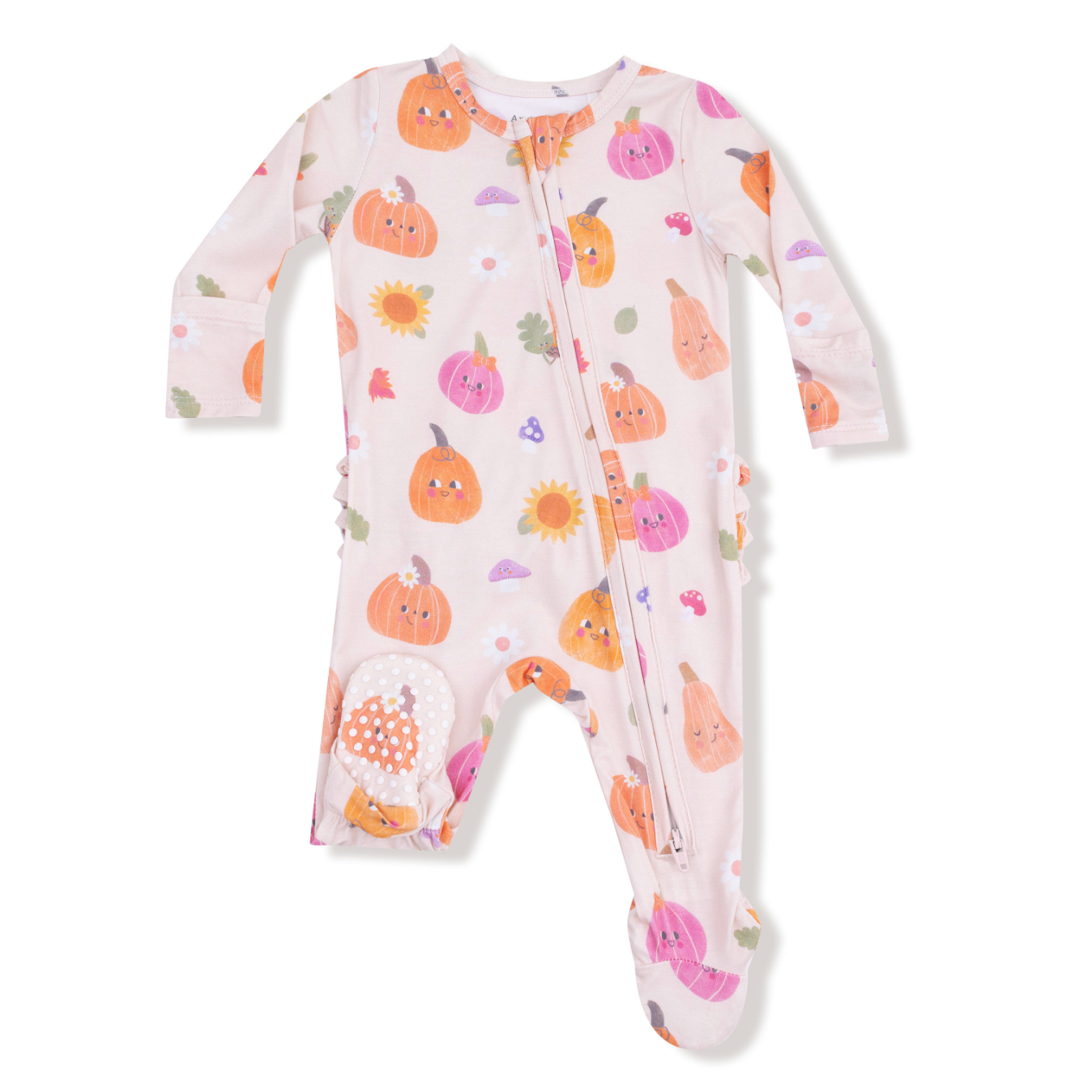 Angel Dear 2 Way Zipper Ruffle Back Footie – Autumn Pumpkins design with ruffle accents and cozy fabric. Available at Be Charmed.
