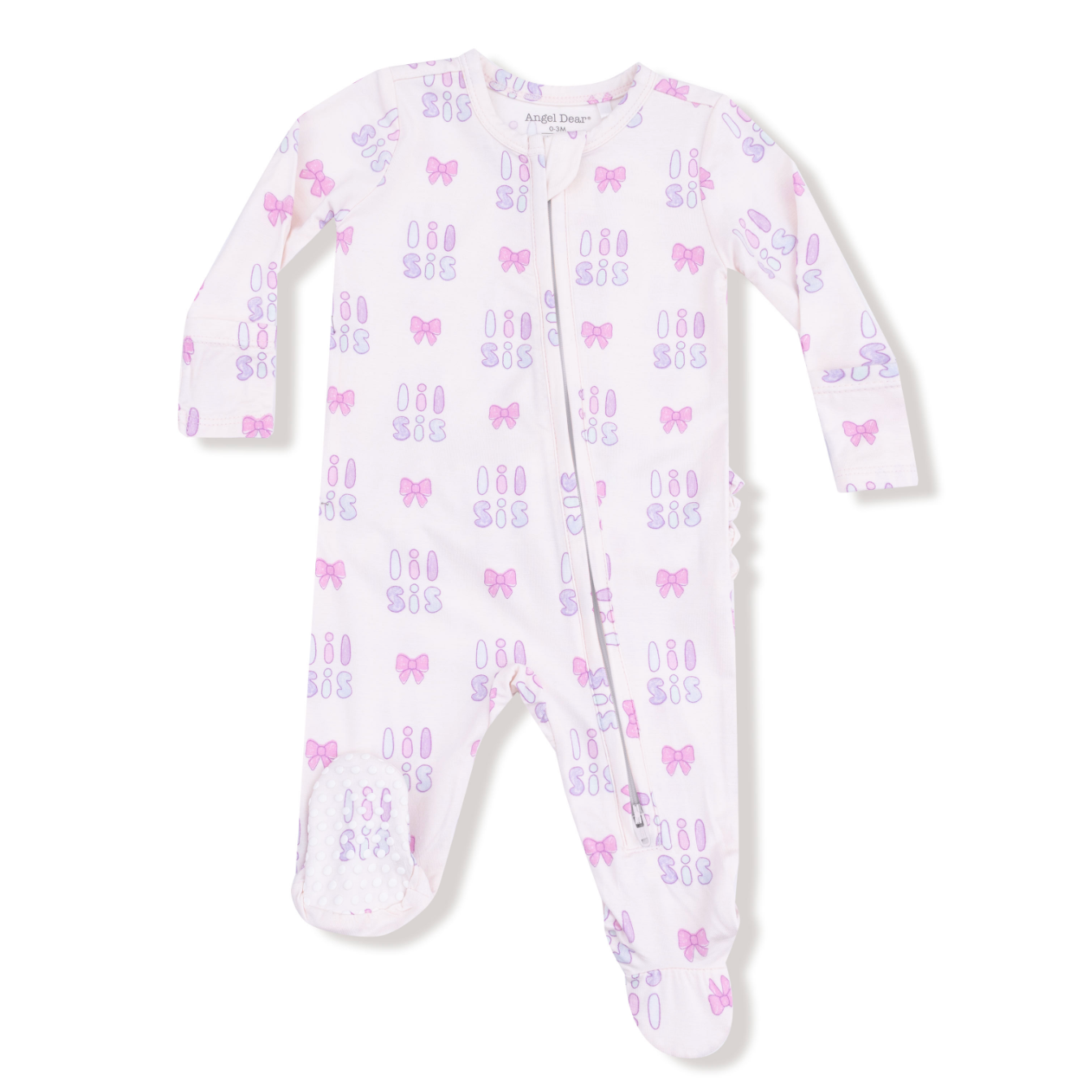 Angel Dear 2 Way Zipper Ruffle Back Footie – Lil Sis design with ruffle accents and cozy fabric. Available at Be Charmed.