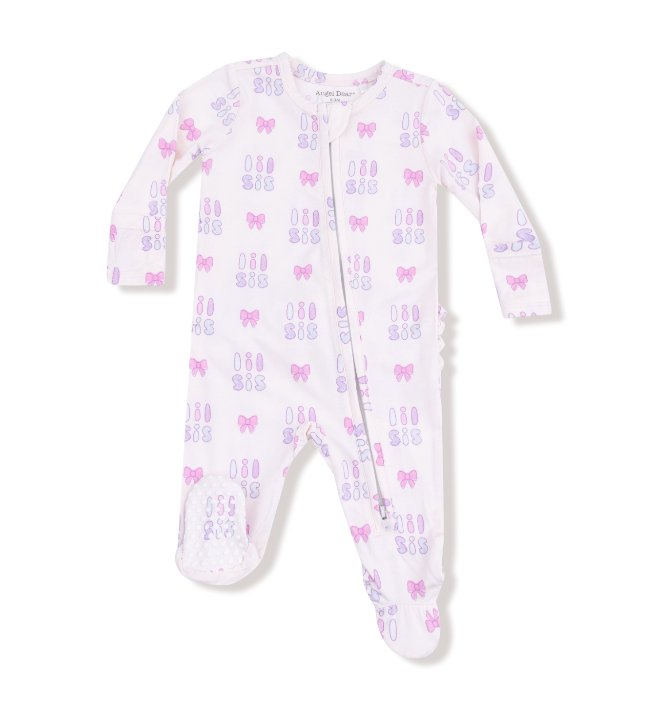 Angel Dear 2 Way Zipper Ruffle Back Footie – Lil Sis design with ruffle accents and cozy fabric. Available at Be Charmed.