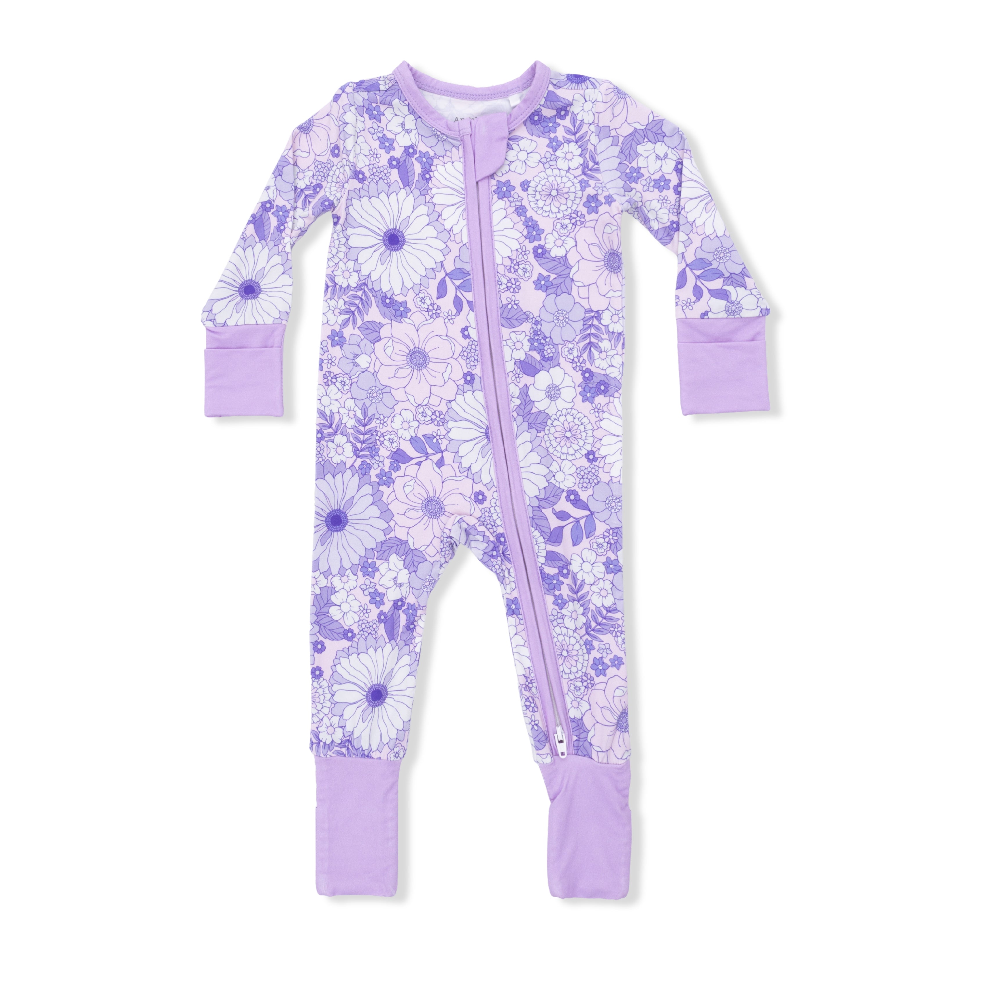 Purple floral baby romper on a white background. Available at Be Charmed