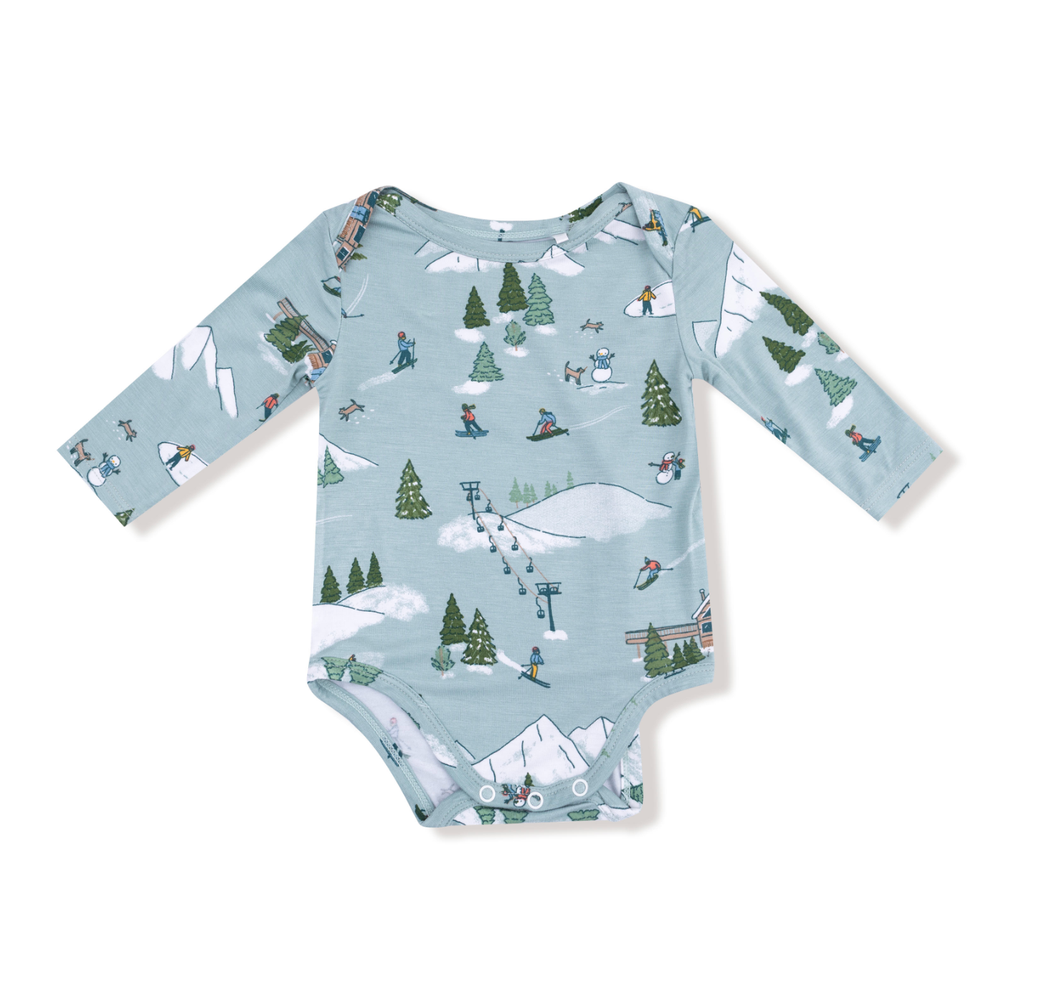 Angel Dear Lap Shoulder Bodysuit – Winter Fun Skiers design with playful skier print, lap shoulders, and snaps. Available at Be Charmed.