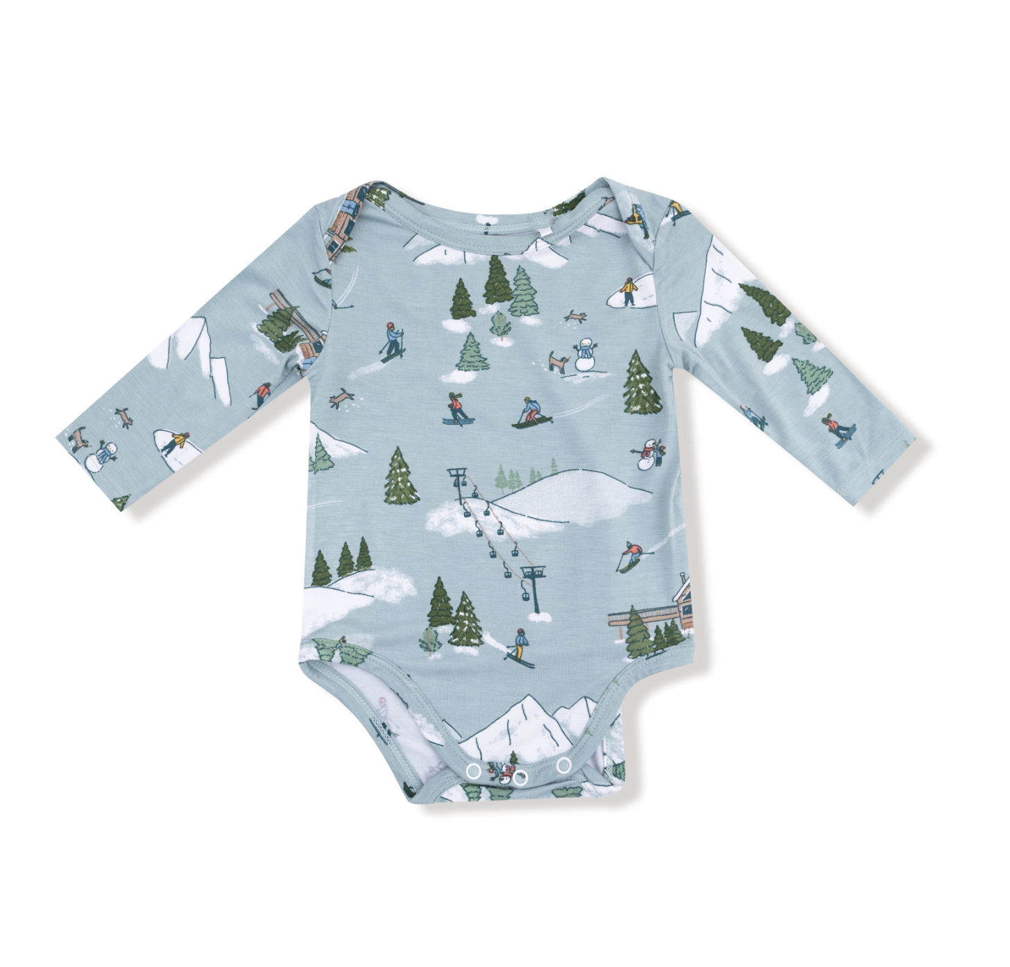 Angel Dear Lap Shoulder Bodysuit – Winter Fun Skiers design with playful skier print, lap shoulders, and snaps. Available at Be Charmed.
