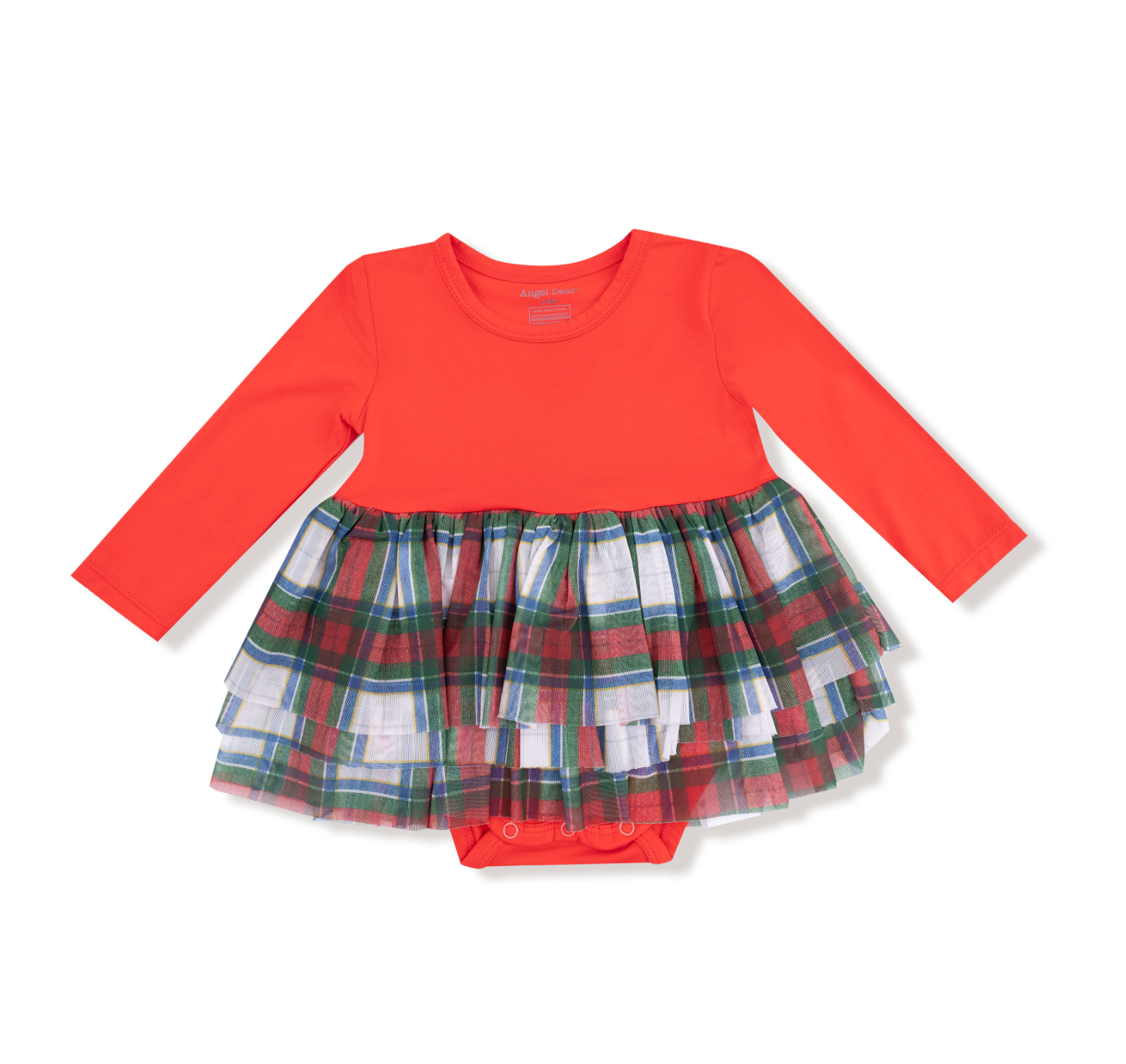 Angel Dear Tutu Bodysuit – Holiday Plaid design with festive tutu skirt and snap closures. Available at Be Charmed.