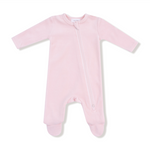 ngel Dear Velour Footie – Teddy Bear Pink Pink velour baby onesie with a zipper on a white background. Available at Be Charmed.