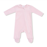 ngel Dear Velour Footie – Teddy Bear Pink Pink velour baby onesie with a zipper on a white background. Available at Be Charmed.