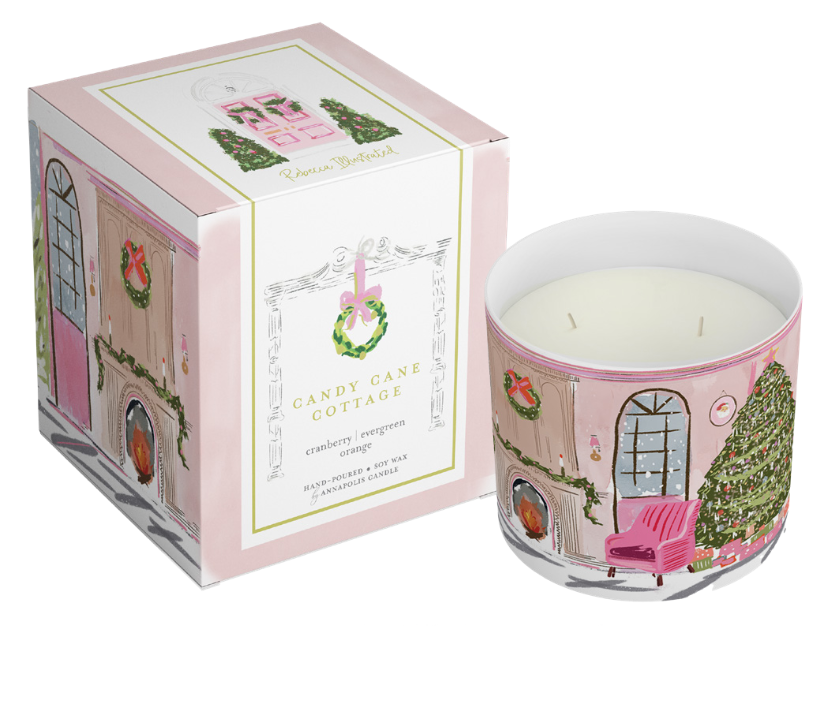 Annapolis Candle Candy Cane Cottage 2-Wick Boxed Candle – festive peppermint scent in holiday packaging. Available at Be Charmed.