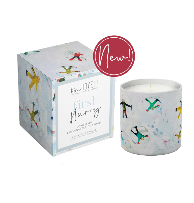 Annapolis Candle Kim Hovell First Flurry Boxed Candle – crisp seasonal scent with signature artwork. Available at Be Charmed.