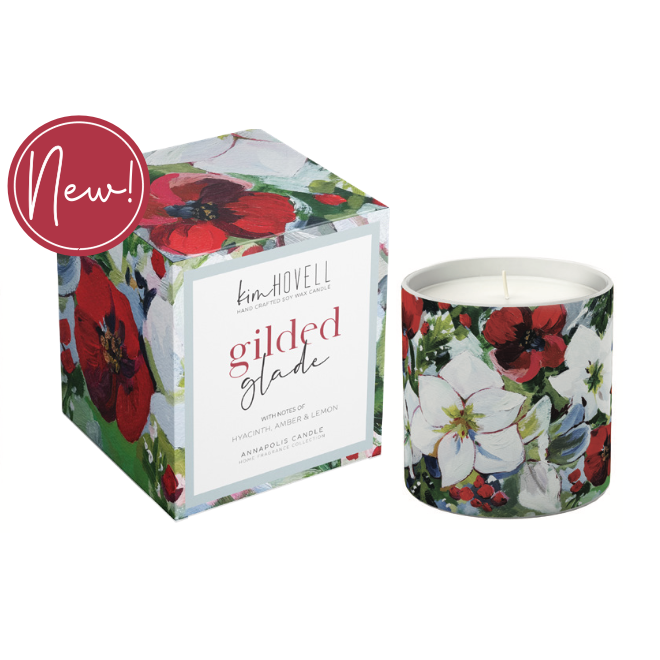 Annapolis Candle Kim Hovell Gilded Glade Boxed Candle – seasonal fragrance with signature artwork. Available at Be Charmed.