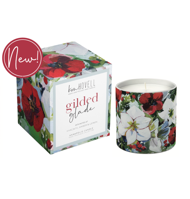 Annapolis Candle Kim Hovell Gilded Glade Boxed Candle – seasonal fragrance with signature artwork. Available at Be Charmed.
