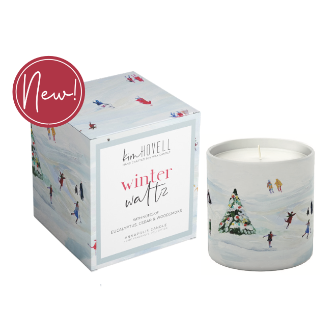 Annapolis Candle Kim Hovell Winter Waltz Boxed Candle – festive fragrance with signature coastal artwork. Available at Be Charmed.