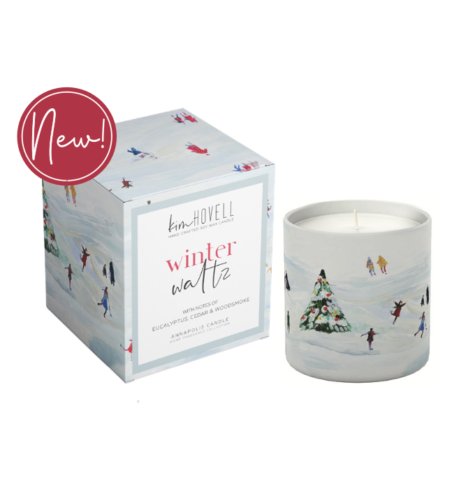 Annapolis Candle Kim Hovell Winter Waltz Boxed Candle – festive fragrance with signature coastal artwork. Available at Be Charmed.