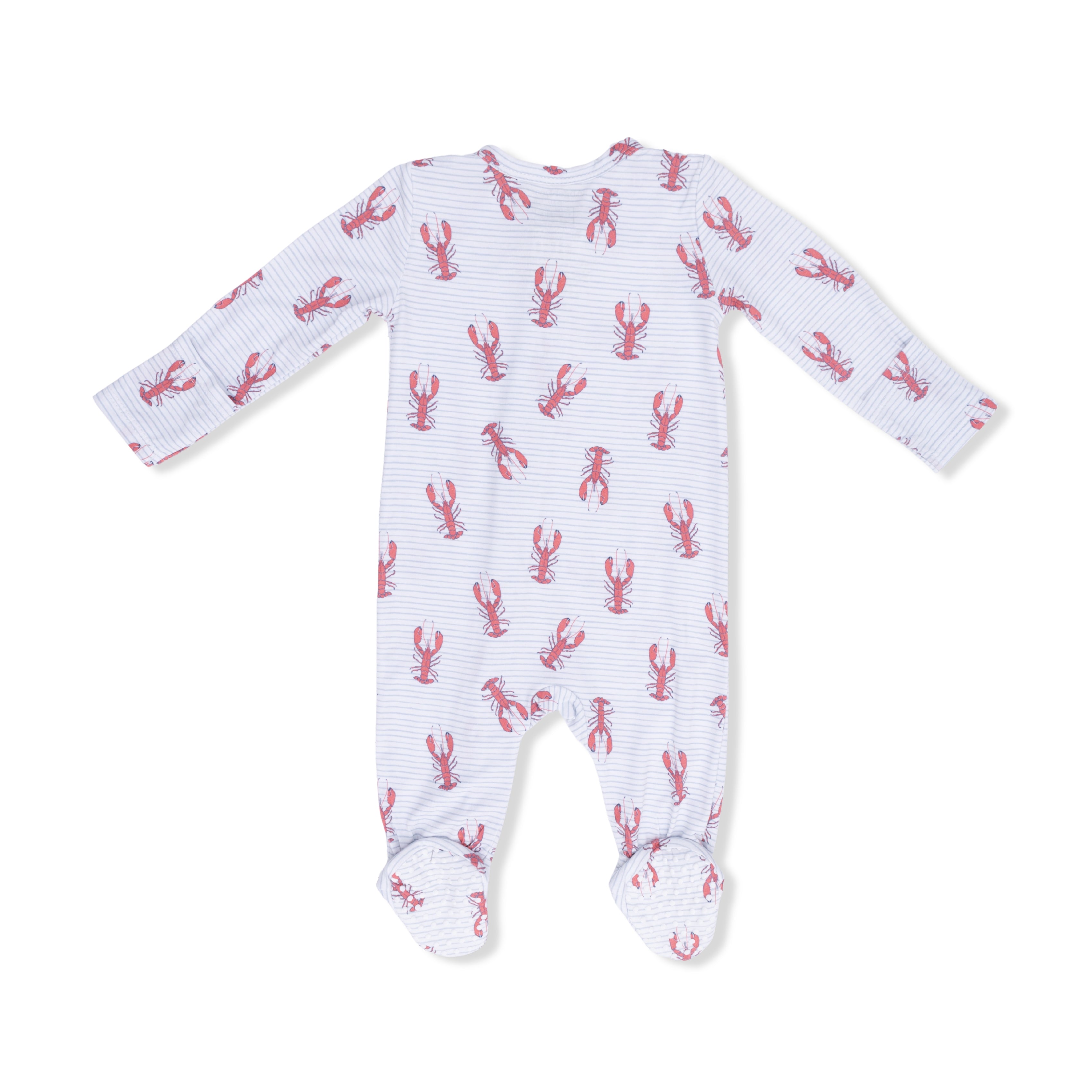 Back of Angel Dear Baby zipper footie with red lobster pattern on a white background. Available at Be Charmed
