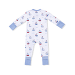 Back of Baby romper with sailboat pattern on a white background. Available at Be Charmed
