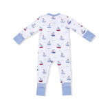 Back of Baby romper with sailboat pattern on a white background. Available at Be Charmed