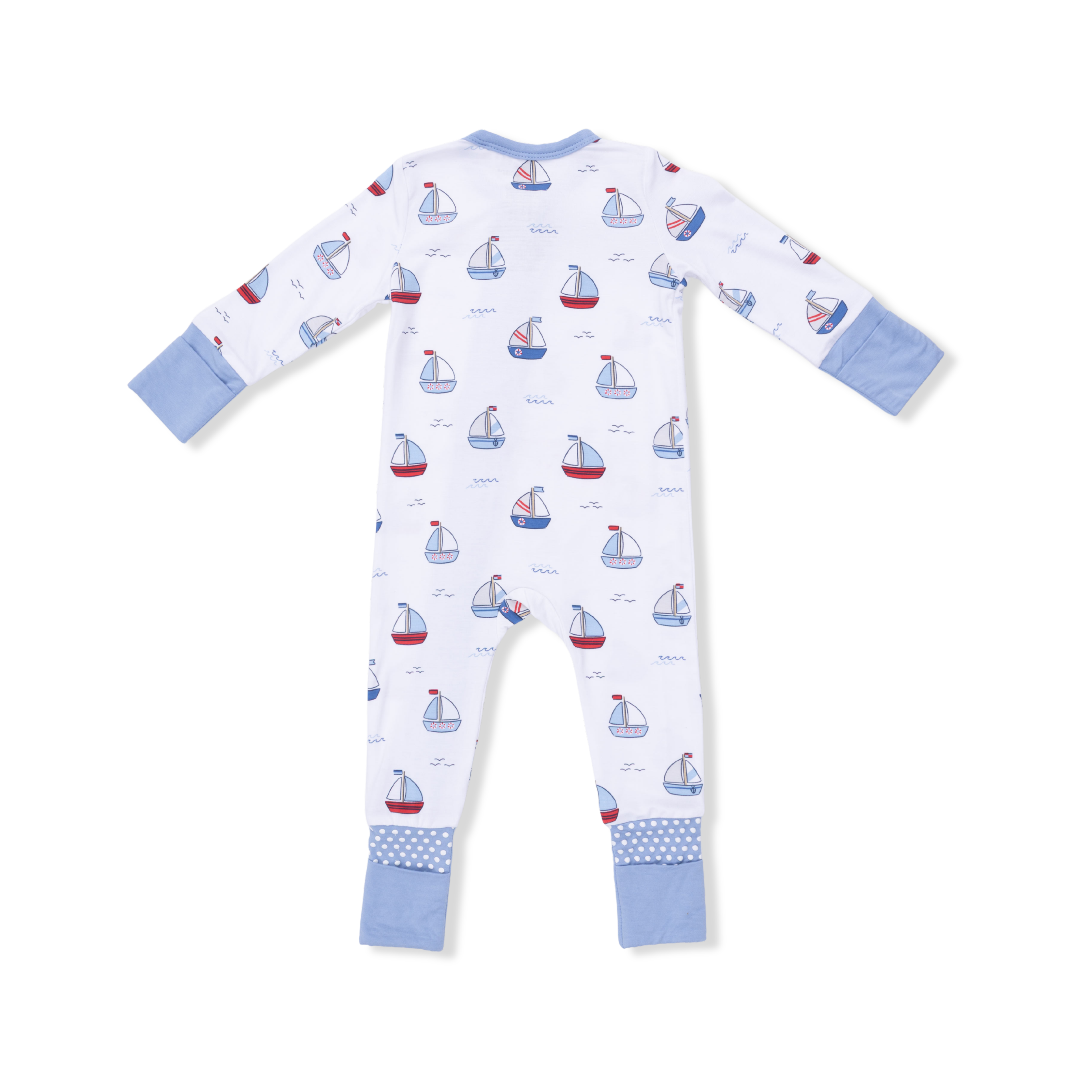 Back of Baby romper with sailboat pattern on a white background. Available at Be Charmed